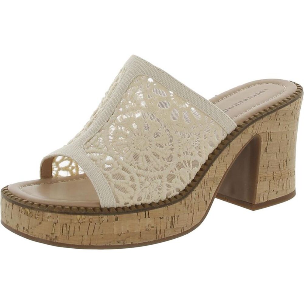 Lucky Brand Womens Talvy Beige Macrame Platform Slides Heels Shoes NWT